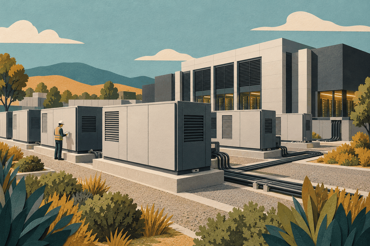 AI-generated illustration of generic fuel-cell generator cabinets beside a data-centre building, power cables and a small technician.