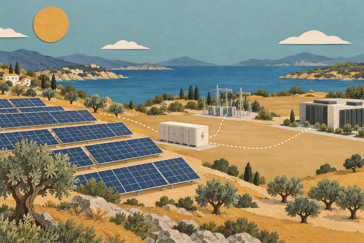 AI-generated illustration of solar-panel rows, a substation and battery cabinet across an open planning space from a generic data-centre building in Mediterranean hills.