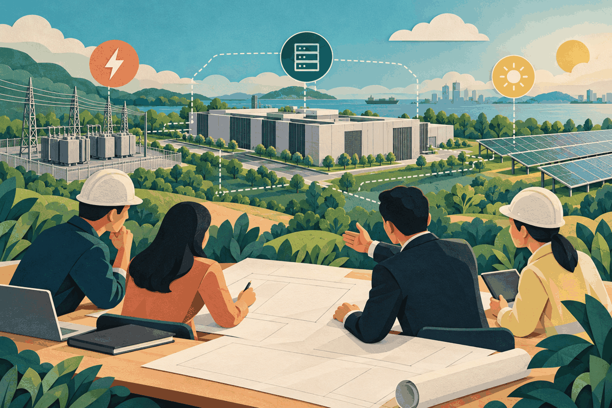 AI-generated illustration of engineers studying blank plans beside a conceptual data centre, transformer and solar panels connected by dotted planning lines.