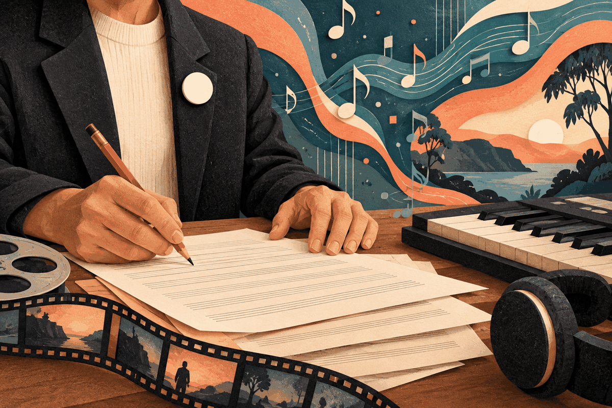 AI-generated illustration of a composer writing on blank staff paper beside a keyboard, film strip and blank round lapel pin.