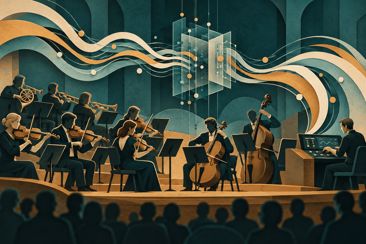 AI-generated illustration of orchestral musicians and a human sound operator linked by abstract ribbons of sound in a concert hall.