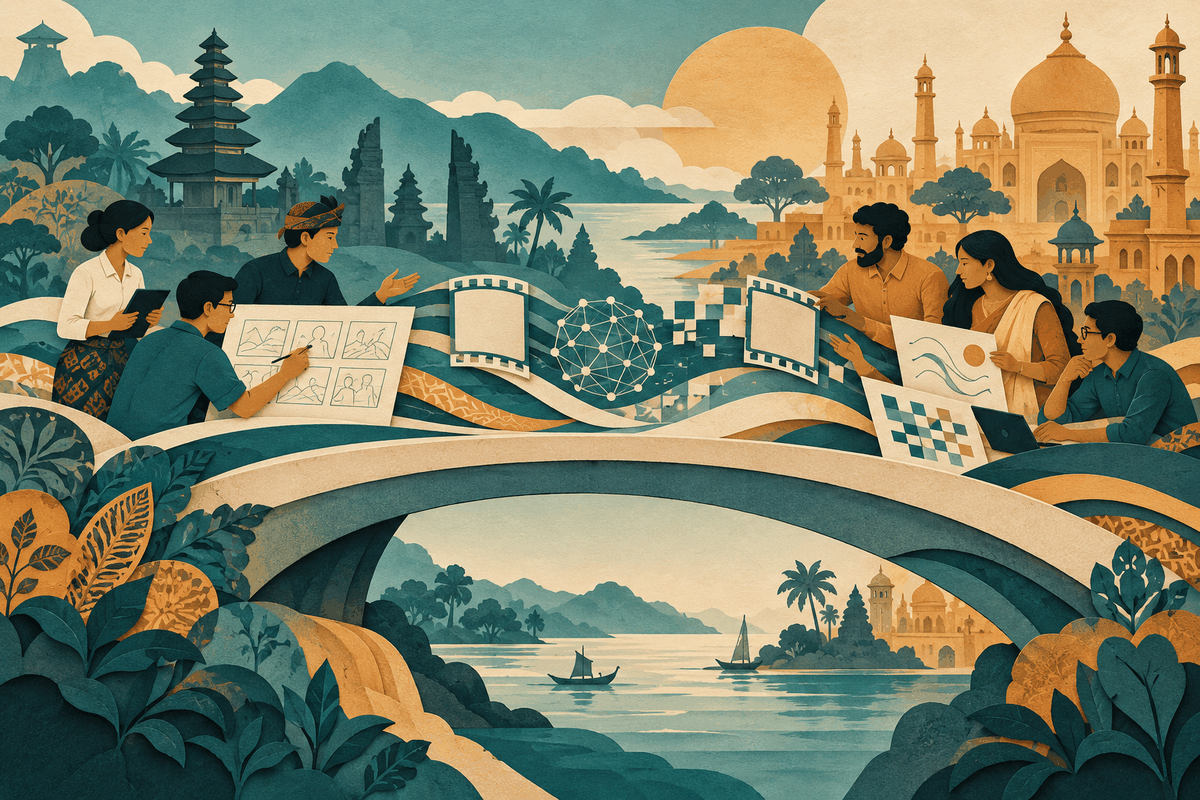 AI-generated illustration of two creative teams exchanging abstract story frames across a stylised bridge, with Indonesian and Indian architectural motifs.