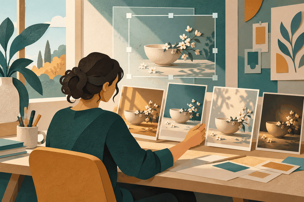 AI-generated illustration of a designer comparing several versions of a flower-and-bowl still life with different lighting and colours.