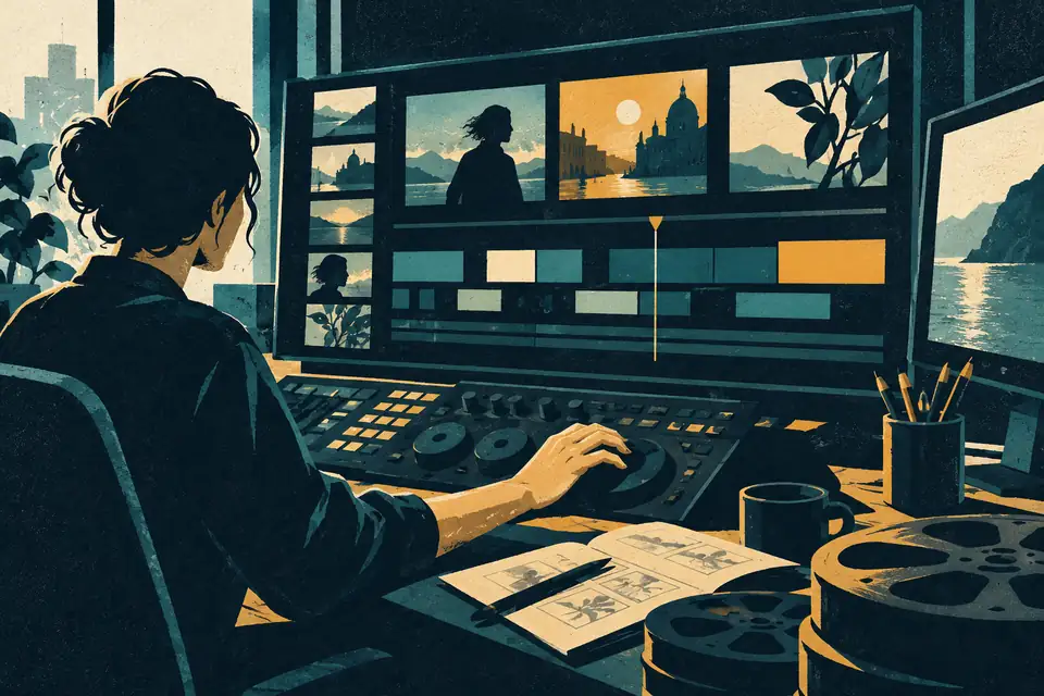 AI-generated illustration: an artist’s hand works at an editing desk with film strips, paper and sound-making materials.