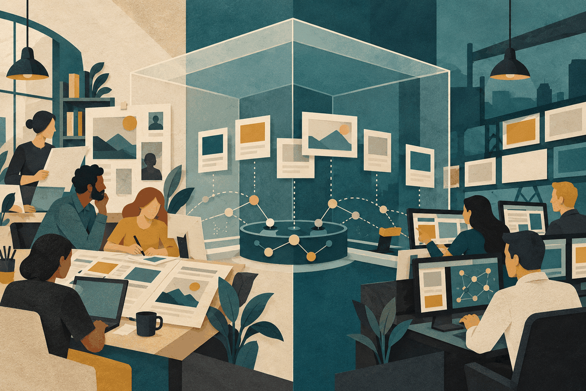 AI-generated illustration of publishing and media-buying desks connected by blank advertising cards and an abstract network inside one shared framework.