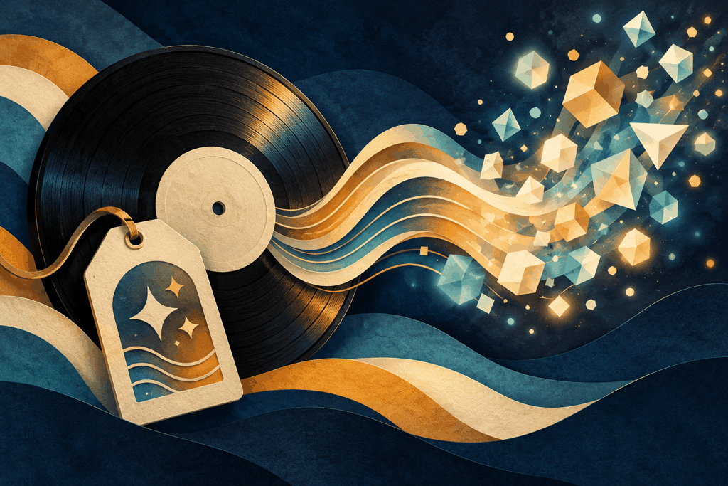 AI-generated illustration: a vinyl record and an unlettered tag sit beside flowing amber ribbons and floating geometric shapes.