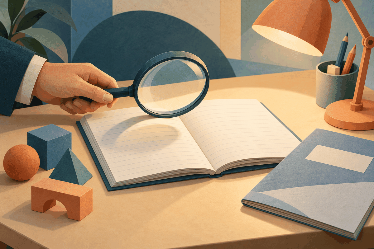 AI-generated illustration of an adult hand holding a magnifying lens above an open exercise notebook beside learning blocks and a closed test booklet.