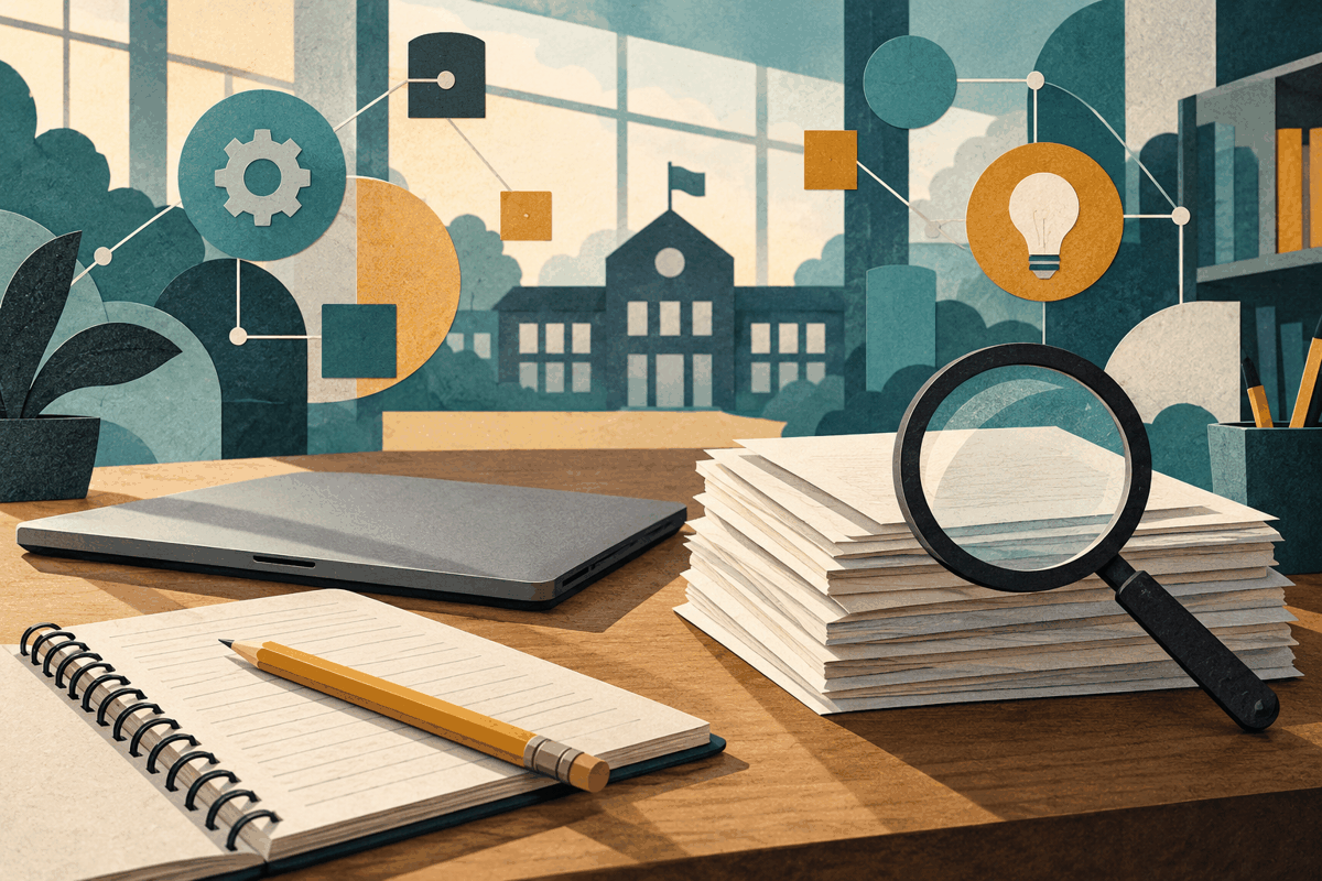 AI-generated illustration of a closed laptop, notebook and magnifying lens over blank report pages, with an abstract school in the background.