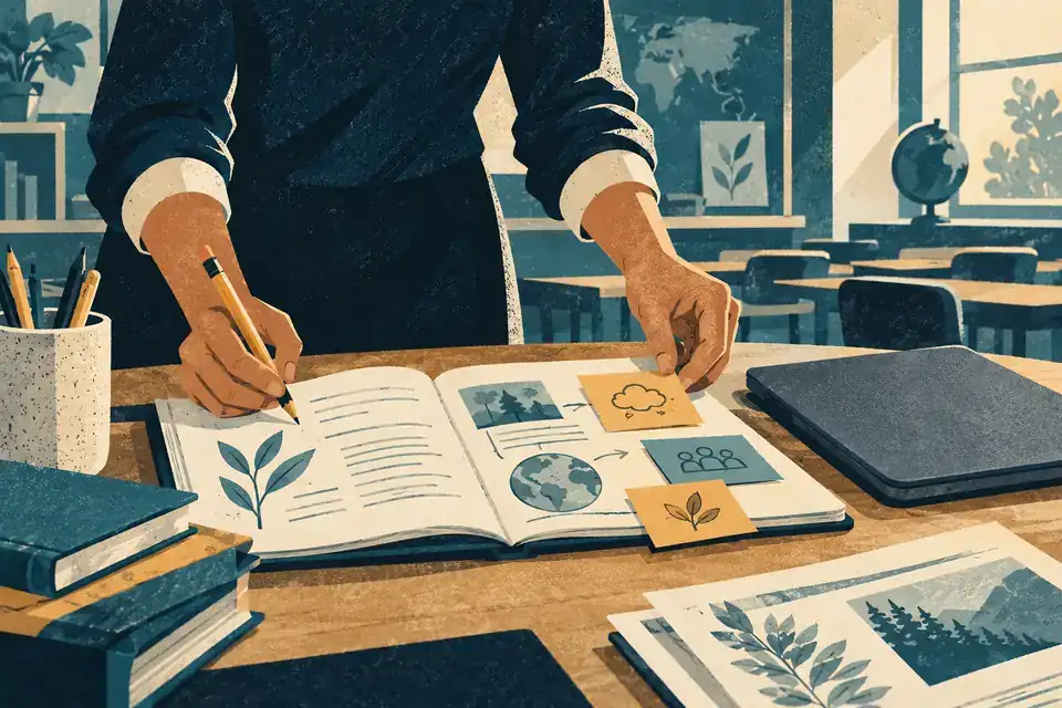 AI-generated illustration: a teacher’s hand guides work in a paper workbook beside a pencil and a closed laptop.
