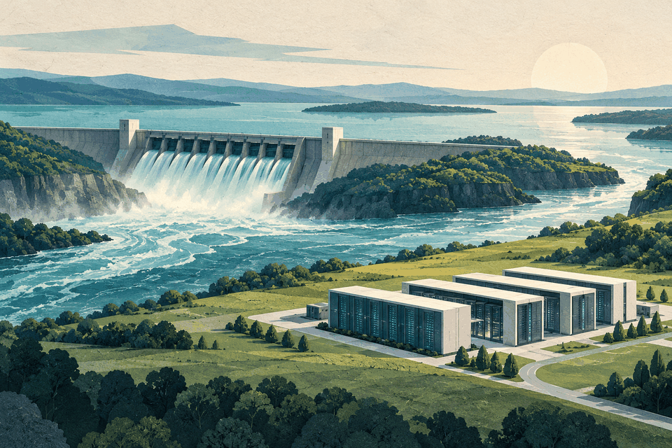 AI-generated illustration of a hydroelectric dam, flowing river and stylized server buildings separated by open green land.