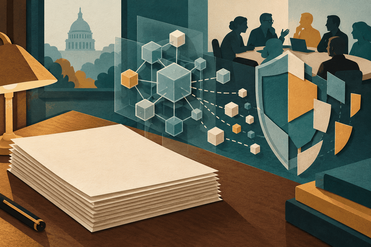 AI-generated illustration of blank legislative papers, an abstract model network, an unfinished geometric shield and a technical roundtable.