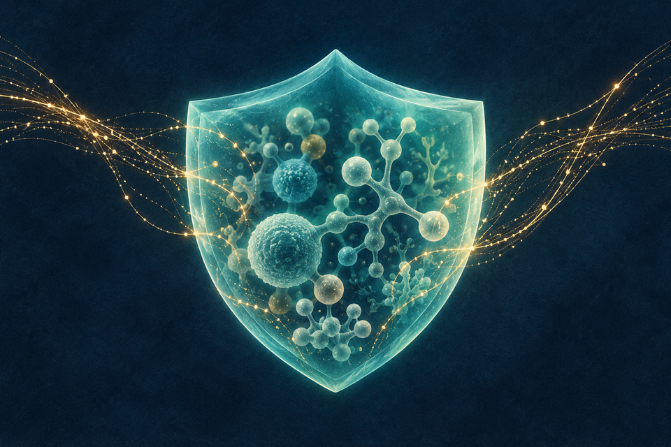 AI-generated illustration of a translucent turquoise shield surrounding abstract biological spheres, with golden computational threads on a navy background.