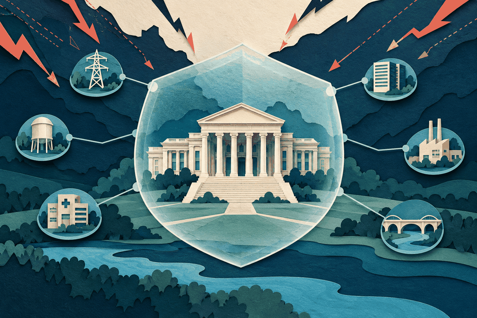 AI-generated illustration of a civic building inside a translucent shield, linked to power, water, hospital and transport symbols.