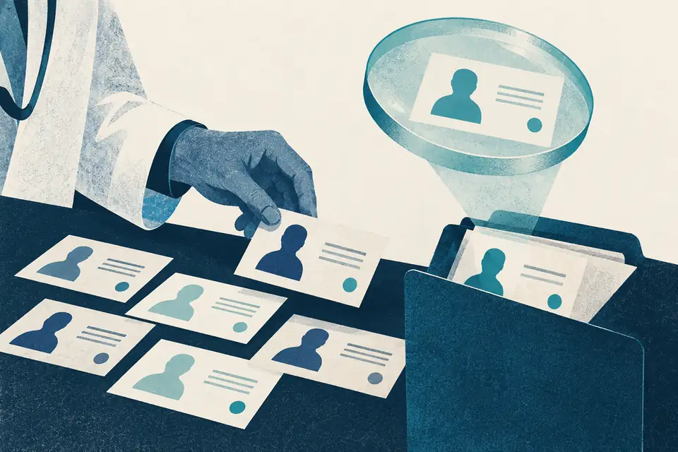 AI-generated illustration: a clinician’s hand sorts anonymous record cards beside a research folder and a magnifying lens.