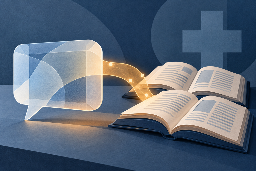 AI-generated illustration: two open books connect to a translucent speech bubble through an amber ribbon, with an abstract medical cross behind them.
