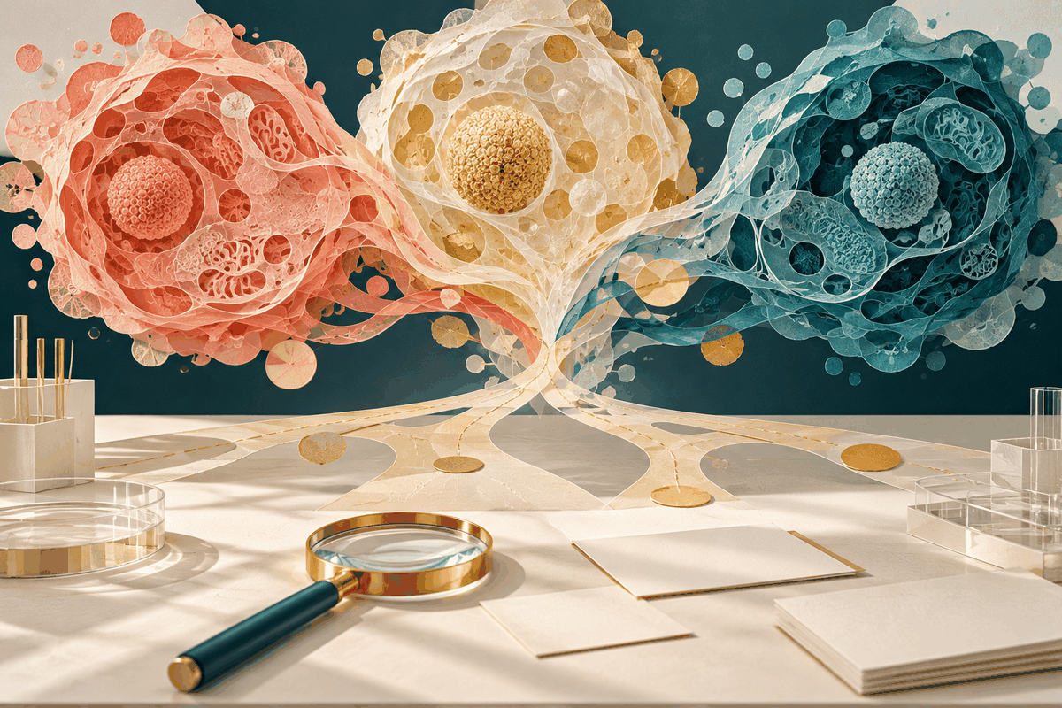 AI-generated illustration of three abstract layered cell-like forms above a laboratory bench with a magnifying glass and blank research cards.