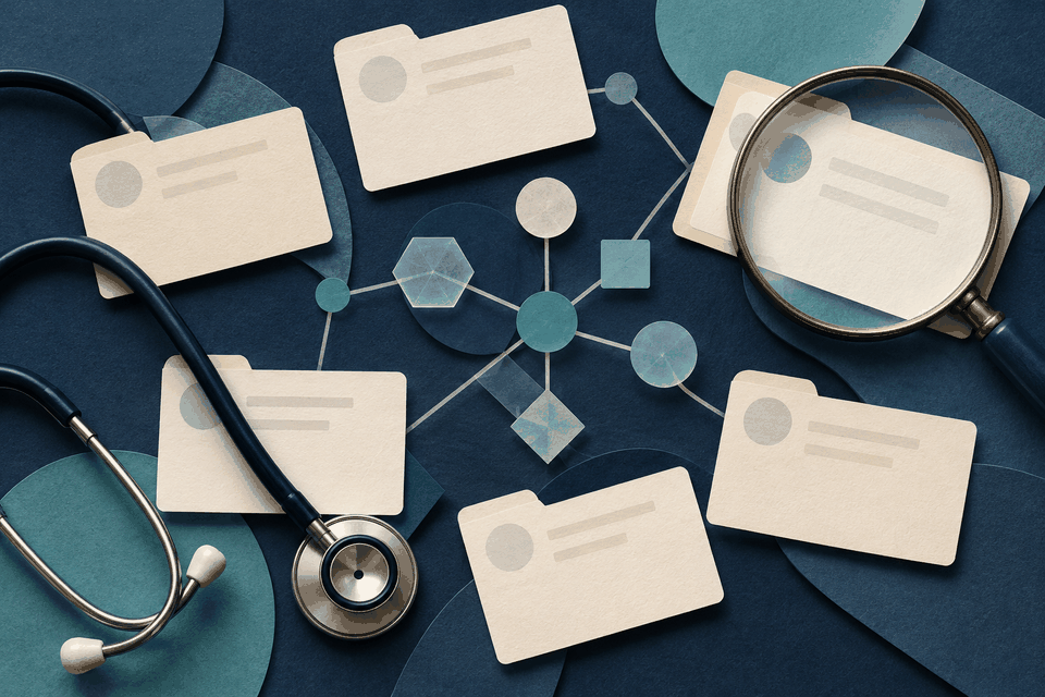 AI-generated illustration of a stethoscope, blank clinical cards, linked geometric nodes and a magnifying glass on a paper background.