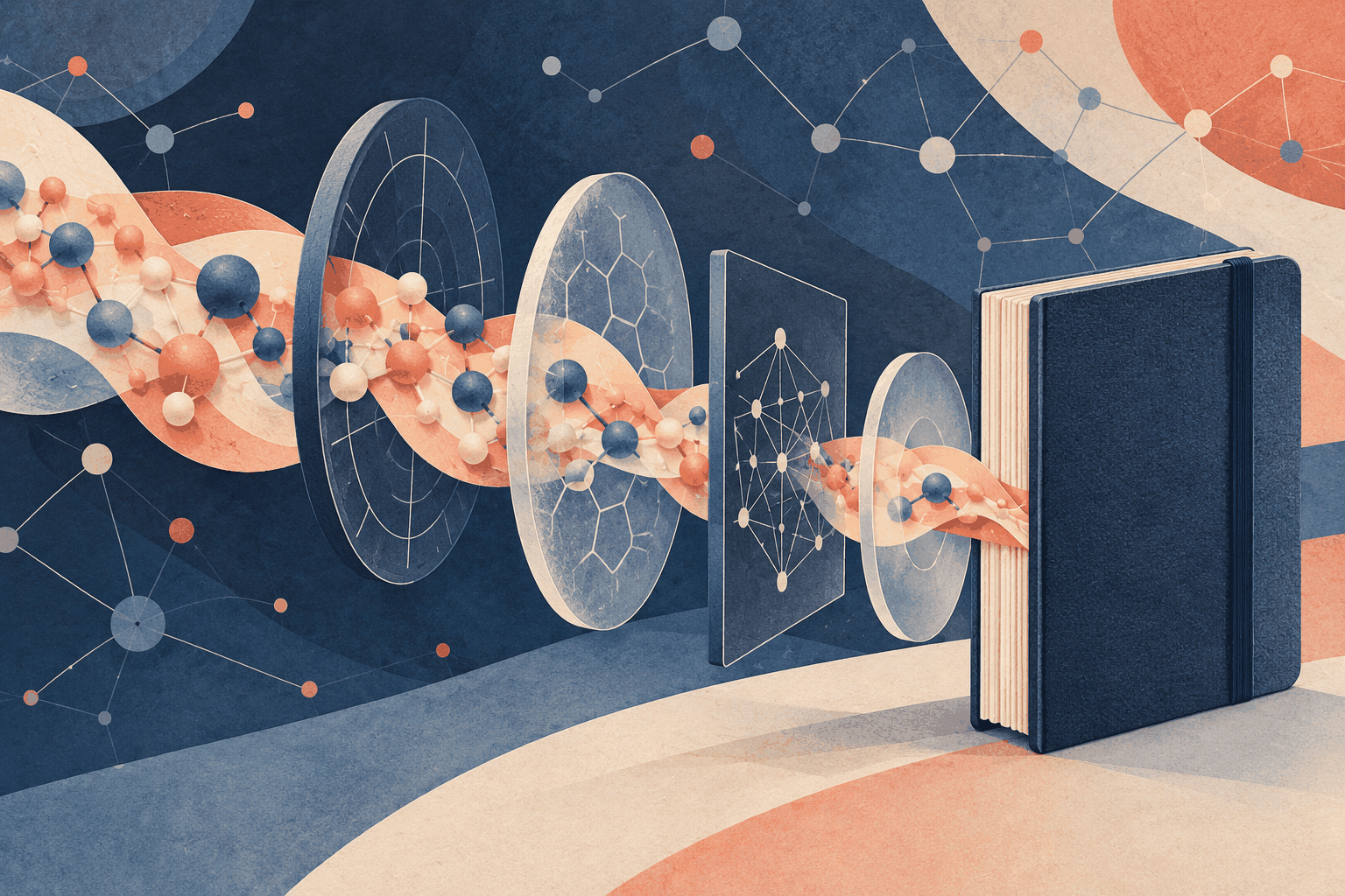 AI-generated illustration of an abstract molecular ribbon passing through translucent research lenses toward a closed notebook.