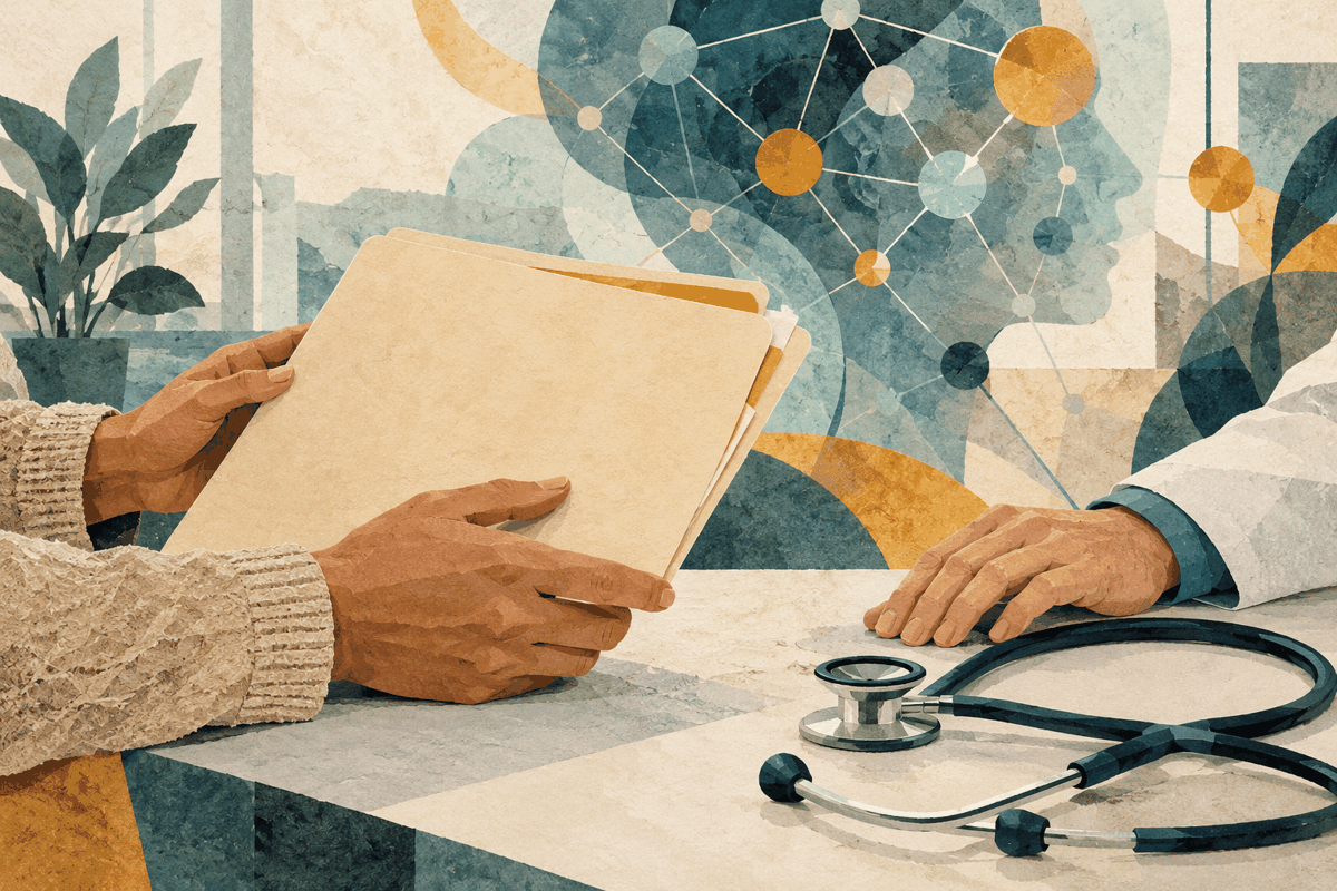 AI-generated illustration of hands holding a blank patient folder across a table from a clinician's hand and stethoscope, with an abstract network behind them.
