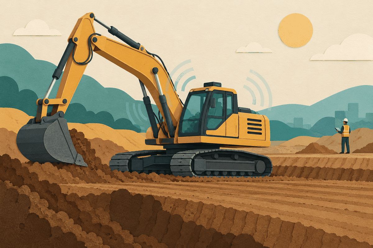 AI-generated illustration of an excavator with abstract sensor arcs at an earthmoving site and a supervisor standing at a safe distance.