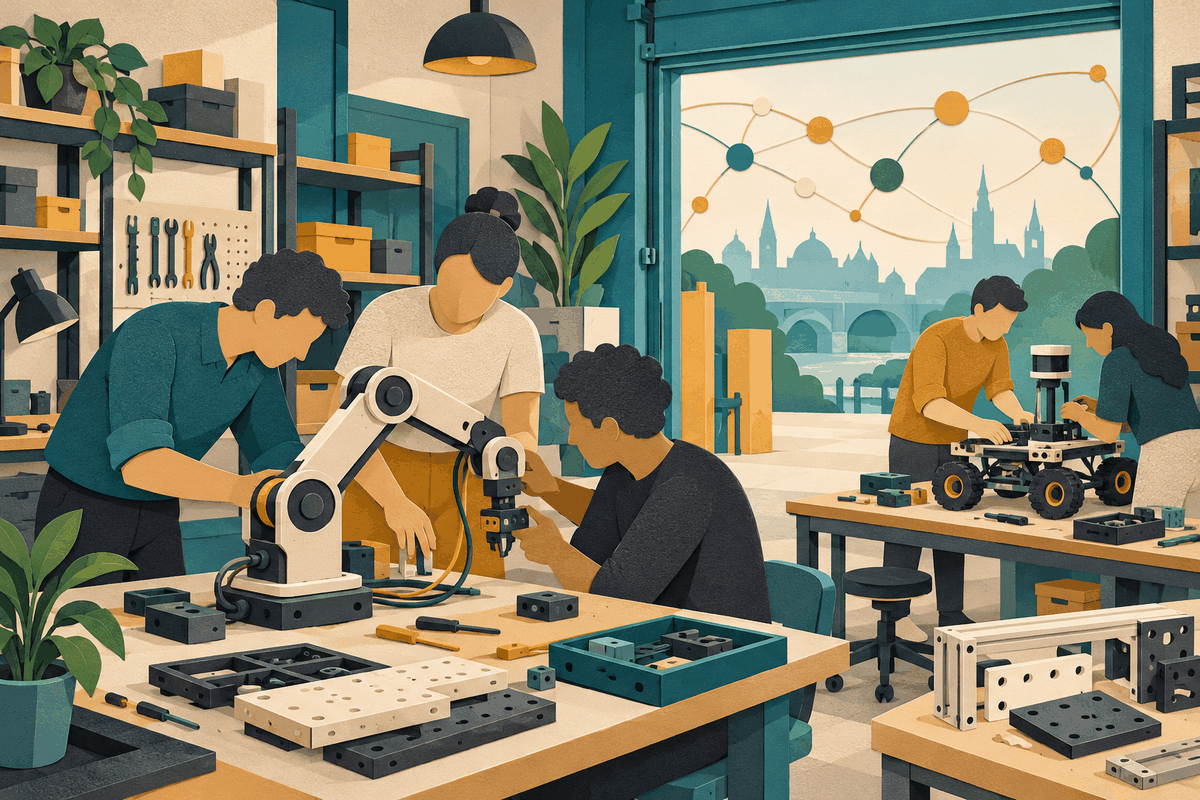 AI-generated illustration of engineers working together on generic robotic-arm and wheeled-robot prototypes in a workshop.