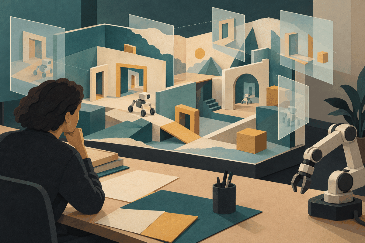 AI-generated illustration of a researcher observing a robot inside an abstract simulation diorama while a separate unpowered robotic arm sits on the desk.