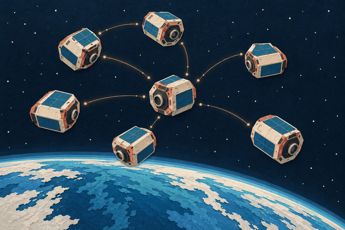 AI-generated illustration of seven separate modular spacecraft units floating above Earth with abstract alignment arcs.