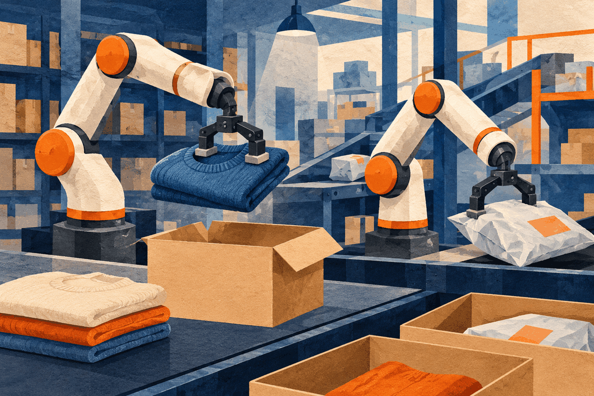 AI-generated illustration: two cream and orange robot arms handle a blue sweater and a parcel beside return boxes in a stylized warehouse.