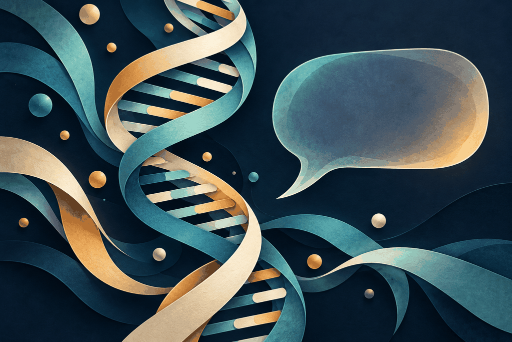 AI-generated illustration: teal and ivory ribbons form a conceptual DNA helix beside an empty translucent speech bubble.