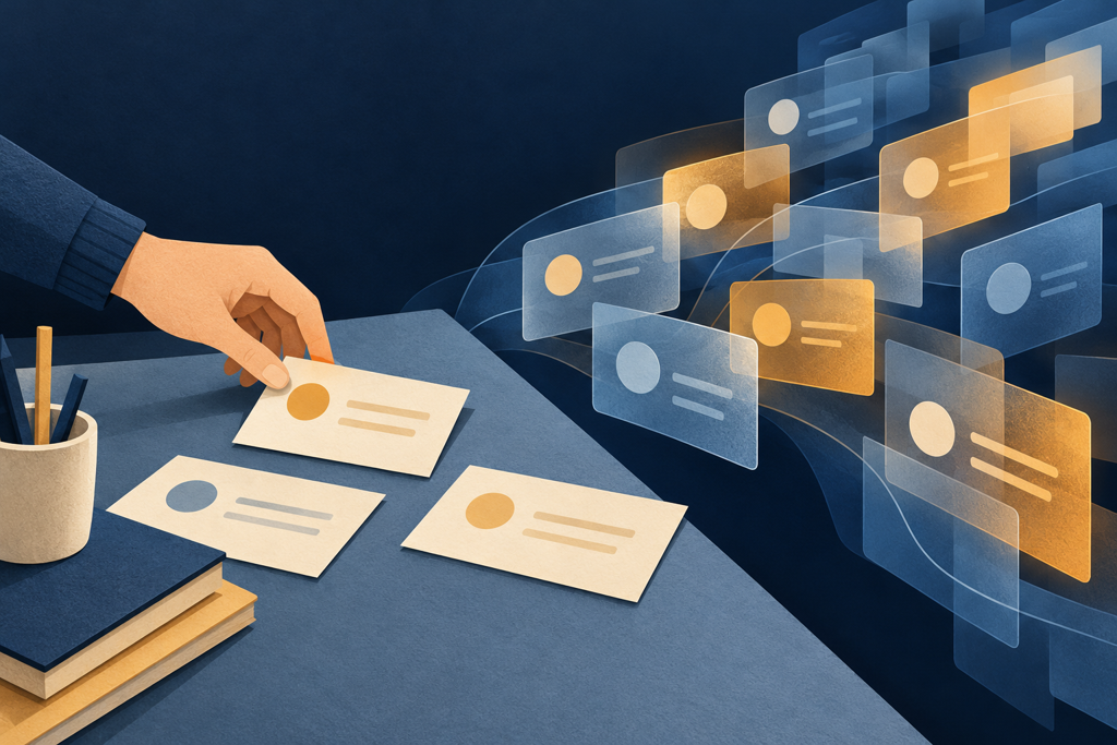 AI-generated illustration: a hand sorts paper task cards beside translucent cards, suggesting human review of machine output.