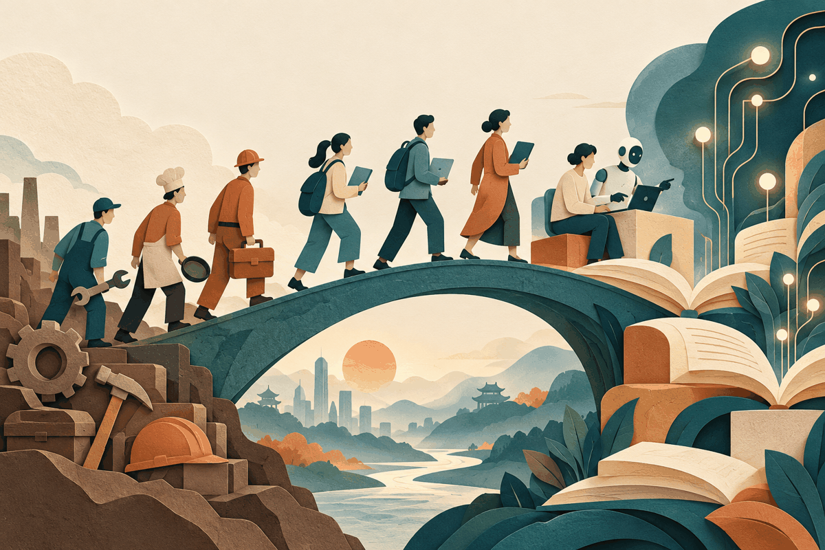 AI-generated illustration of workers crossing a bridge toward open books, circuitry and a human collaborating with a robot.
