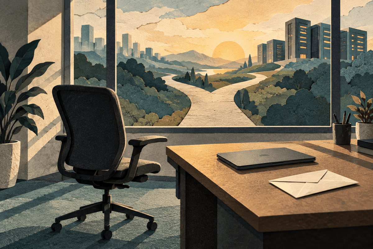AI-generated illustration of an empty office chair, closed laptop and envelope beside a window overlooking a branching path and abstract buildings.