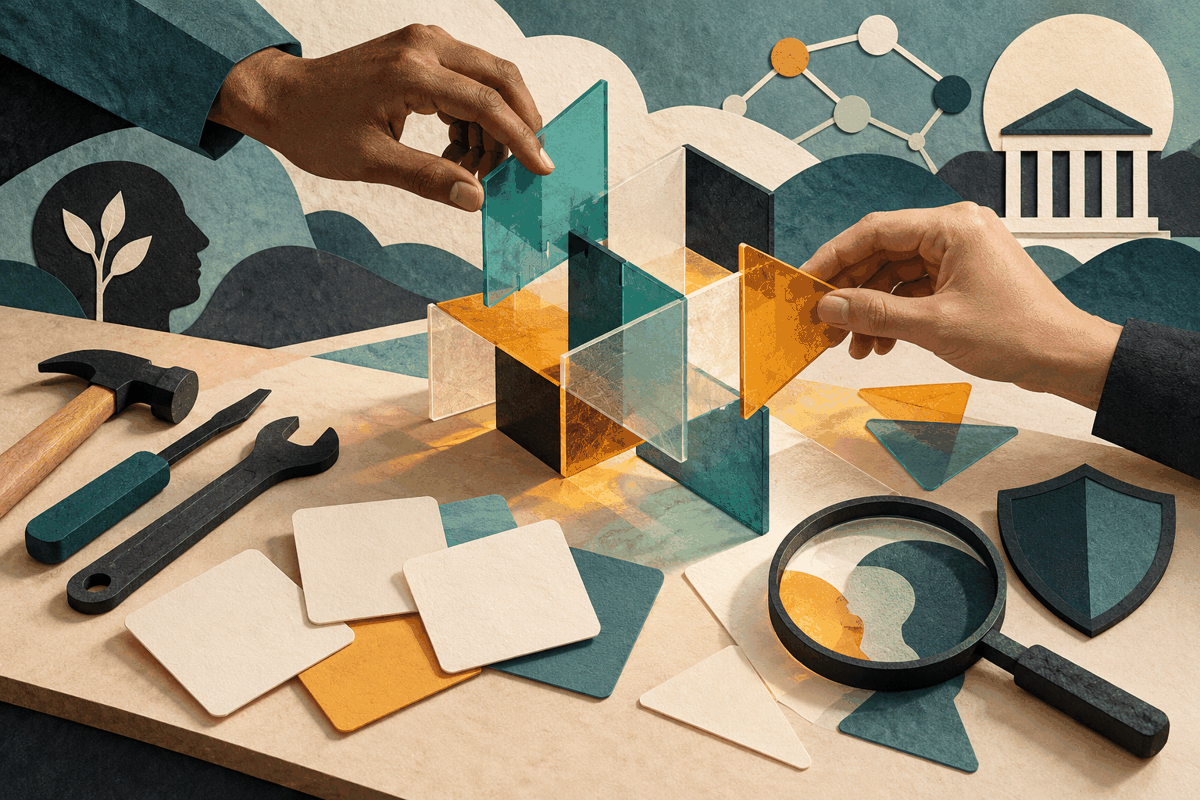 AI-generated illustration of hands assembling translucent geometric modules beside tools, blank cards, a magnifying lens and a shield-shaped cutout.